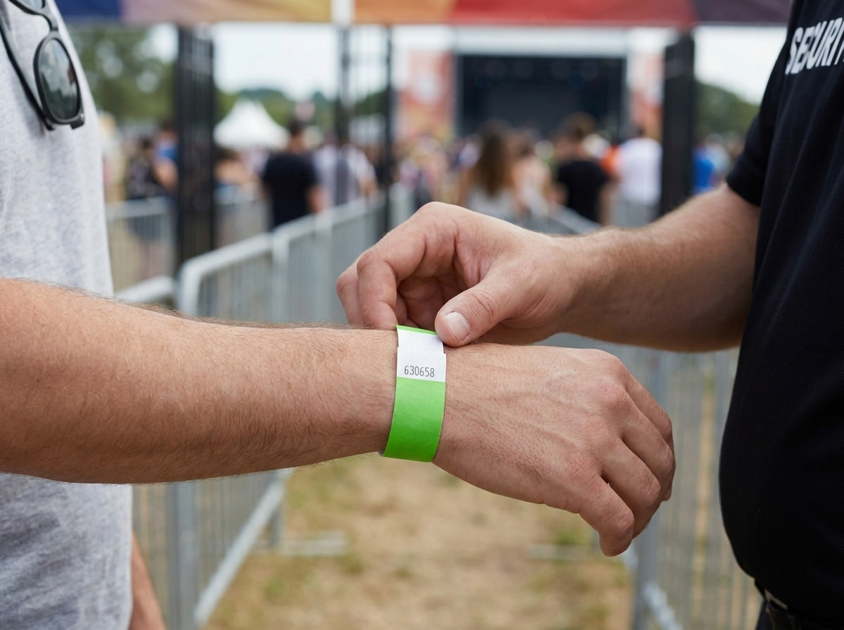 Sicherheitspersonal überprüft das Transferschutz-Armband eines Festivalbesuchers am Eingang einer Veranstaltung