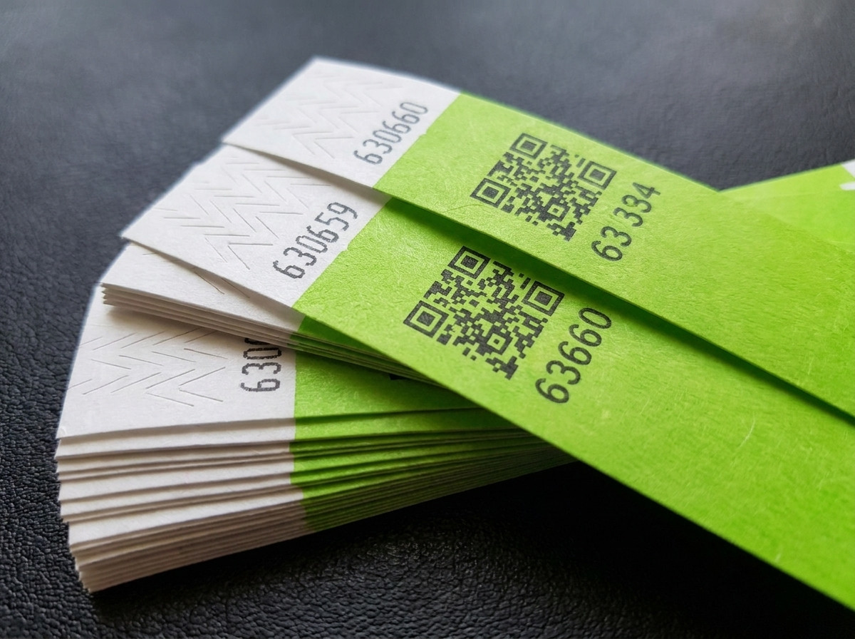 Stapel personalisierter Tyvek-Armbänder mit QR-Code und sequenzieller Nummerierung, Transferschutz-Verschluss sichtbar