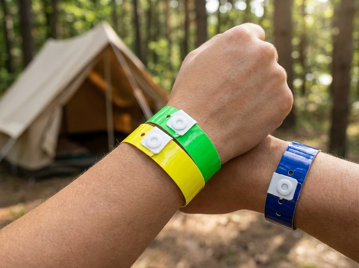 Farbige Camping-Armbänder aus Tyvek, getragen von Campern am Eingang eines sonnigen Freibades