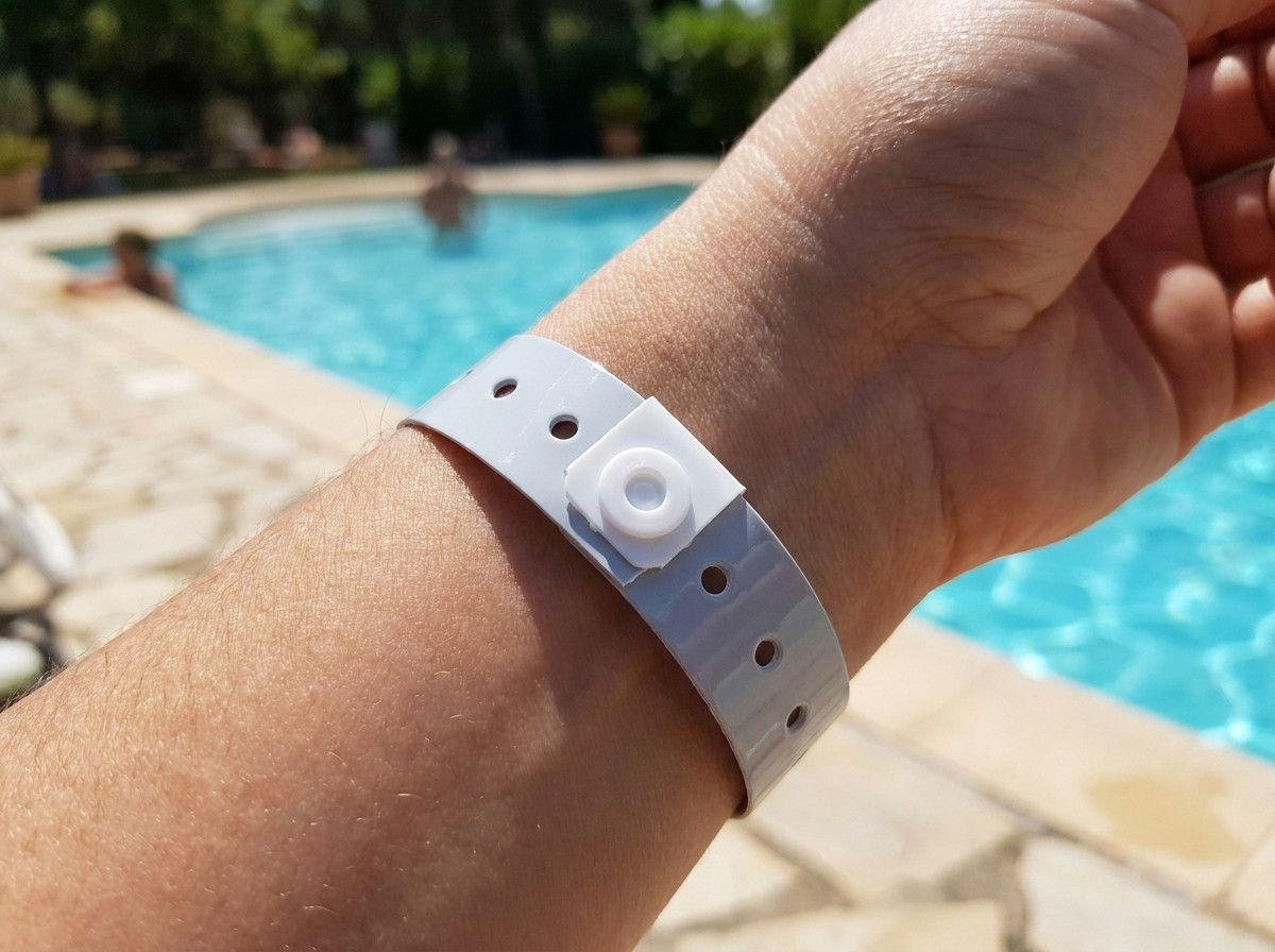 Dezentes Tyvek-Armband am Handgelenk in einer sonnigen naturistischen Umgebung am Poolrand