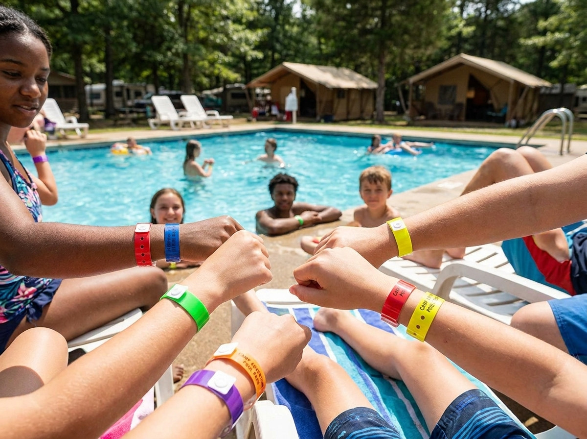 Farbige Vinyl-Armbänder, getragen von Campern am Rand eines Camping-Freibades im Freien