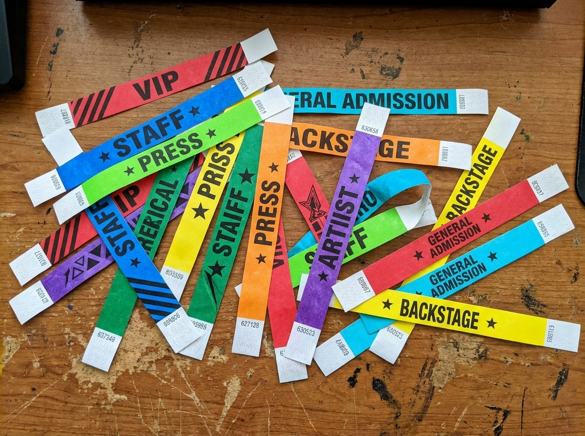 Farbige Tyvek-Festival-Armbänder auf einem Regiepult, die verschiedene Farben und Drucke zur Unterscheidung von Pass-Typen zeigen