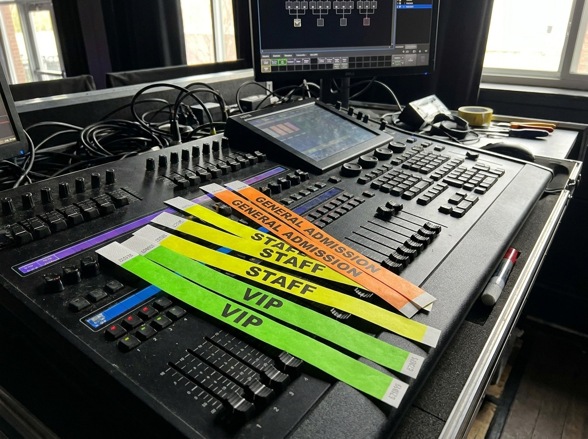 Personalisierte Konzert-Armbänder aus Tyvek in verschiedenen Farben für VIP, Personal und Publikum, auf einem Lichtpult-Tisch backstage platziert