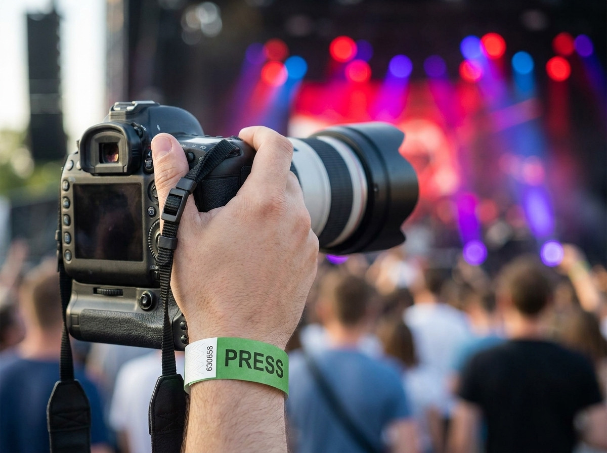Pressefotograf in der Fotogrube, der während eines Konzerts ein personalisiertes Presse-Armband trägt