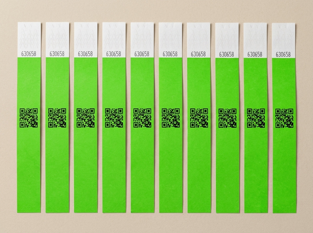 Nummerierte Antifälschungs-Identifikationsarmbänder aufgereiht, mit sichtbarem Originalverschluss und hochauflösend gedrucktem QR-Code
