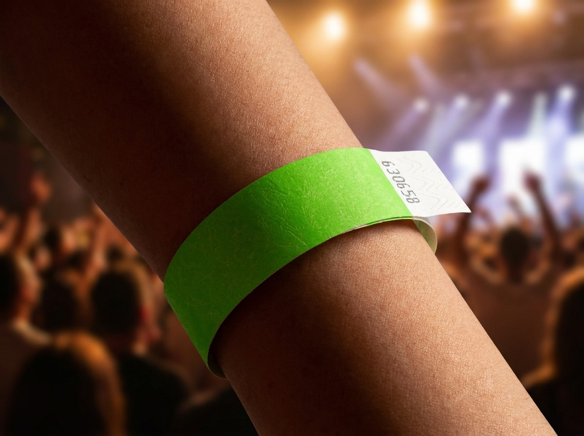 Nahaufnahme eines personalisierten Armbandes am Handgelenk eines Marathonläufers, mit HD-gedruckter Startnummer und Veranstaltungslogo