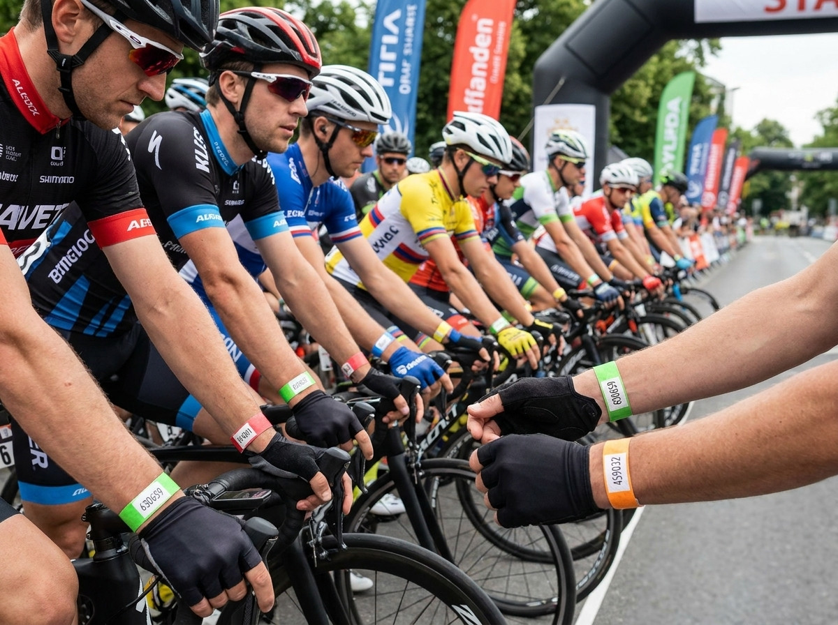 Radfahrer am Start eines Radrennens mit farbigen Tyvek-Identifikationsarmbändern am Handgelenk