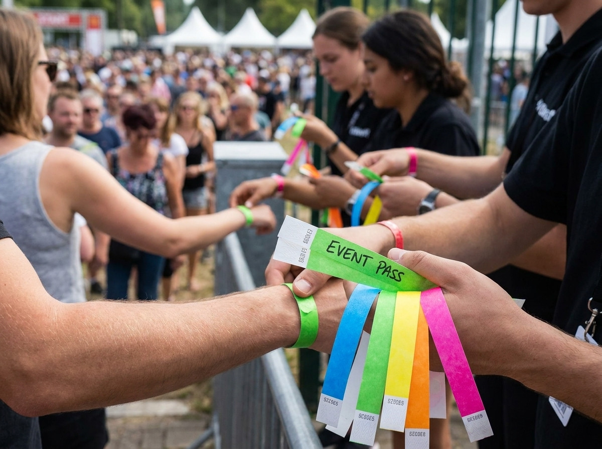Farbige Tyvek-Armbänder an Zuschauer beim Eingang eines Stadions während eines Fussballspiels ausgegeben