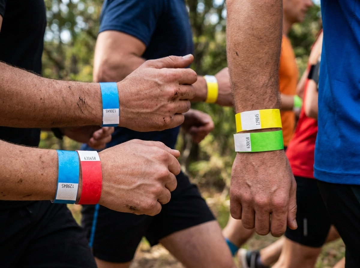 Läufer mit farbigen Tyvek-Armbändern bei einem Marathon, mit Freiwilligen an der Verpflegungsstation, die die Kategorie-Farben überprüfen