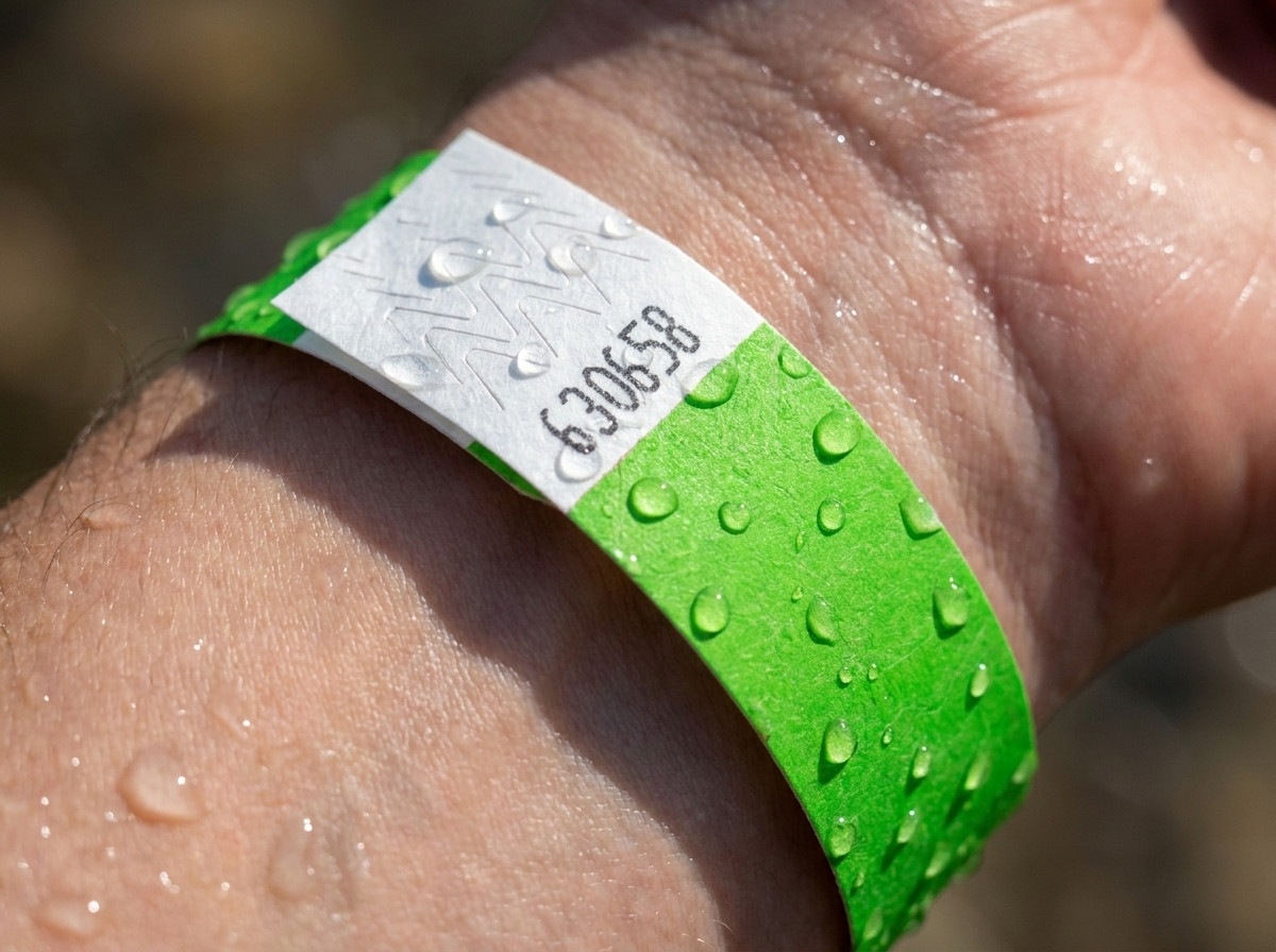 Nahaufnahme eines wasserdichten Vinyl-Armbands am Handgelenk eines Triathleten beim Ausstieg aus dem Wasser während des Wechsels vom Schwimmen zum Radfahren