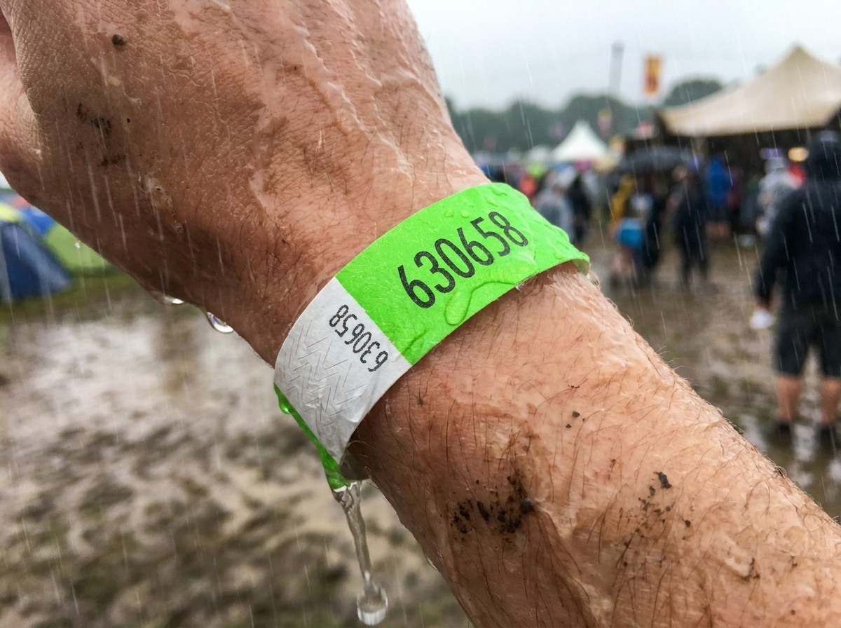 Nahaufnahme eines personalisierten Armbands am Handgelenk bei einem mehrtägigen Festival im Regen, das intakt und lesbar bleibt