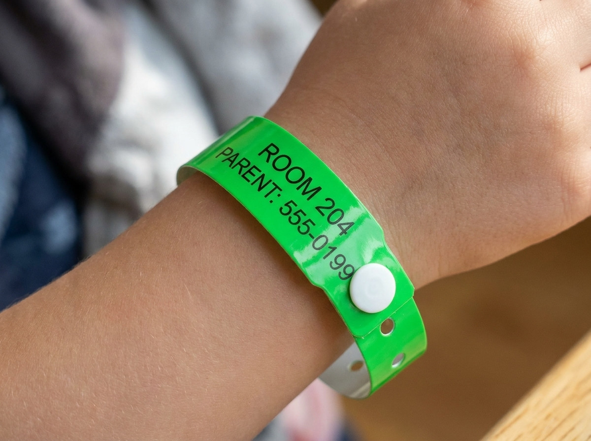 Farbiges Tyvek-Armband für Kinder mit aufgedruckter Zimmernummer und Elternkontakt, getragen am Handgelenk eines Kindes am Hotelpool