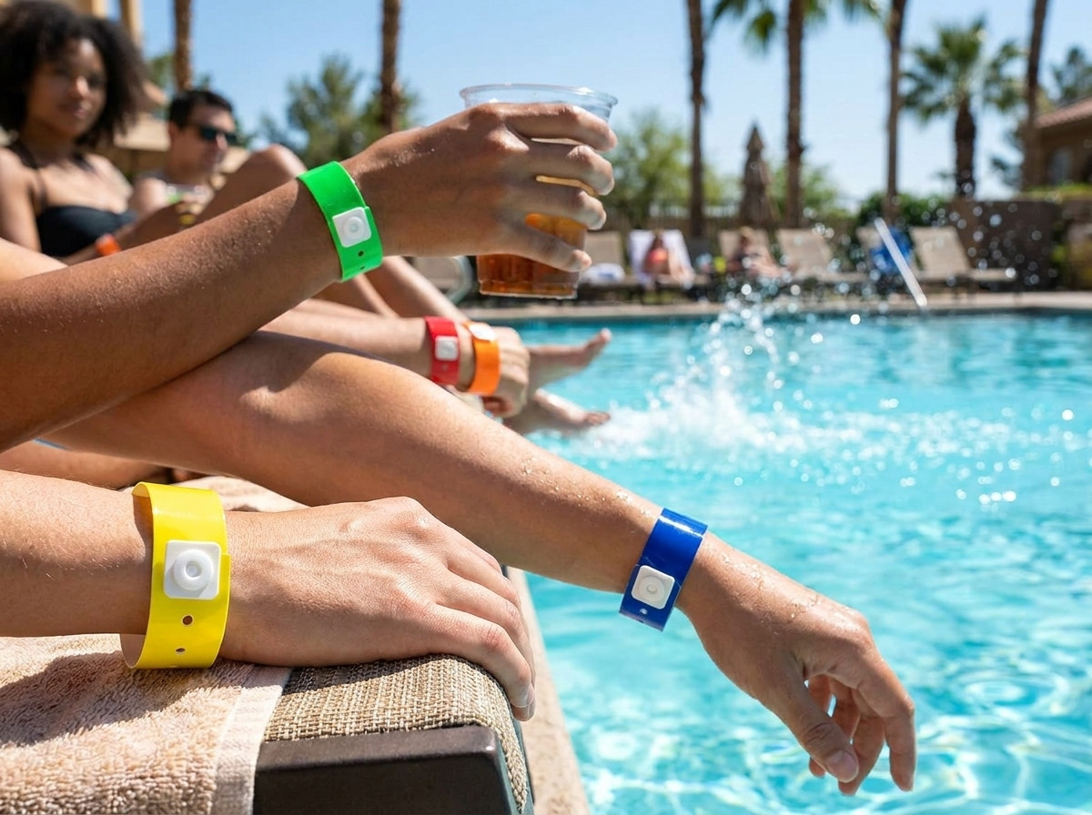 Farbige Vinyl-Armbänder an den Handgelenken von Gästen am Rand eines sonnigen Aussenpool eines Hotels