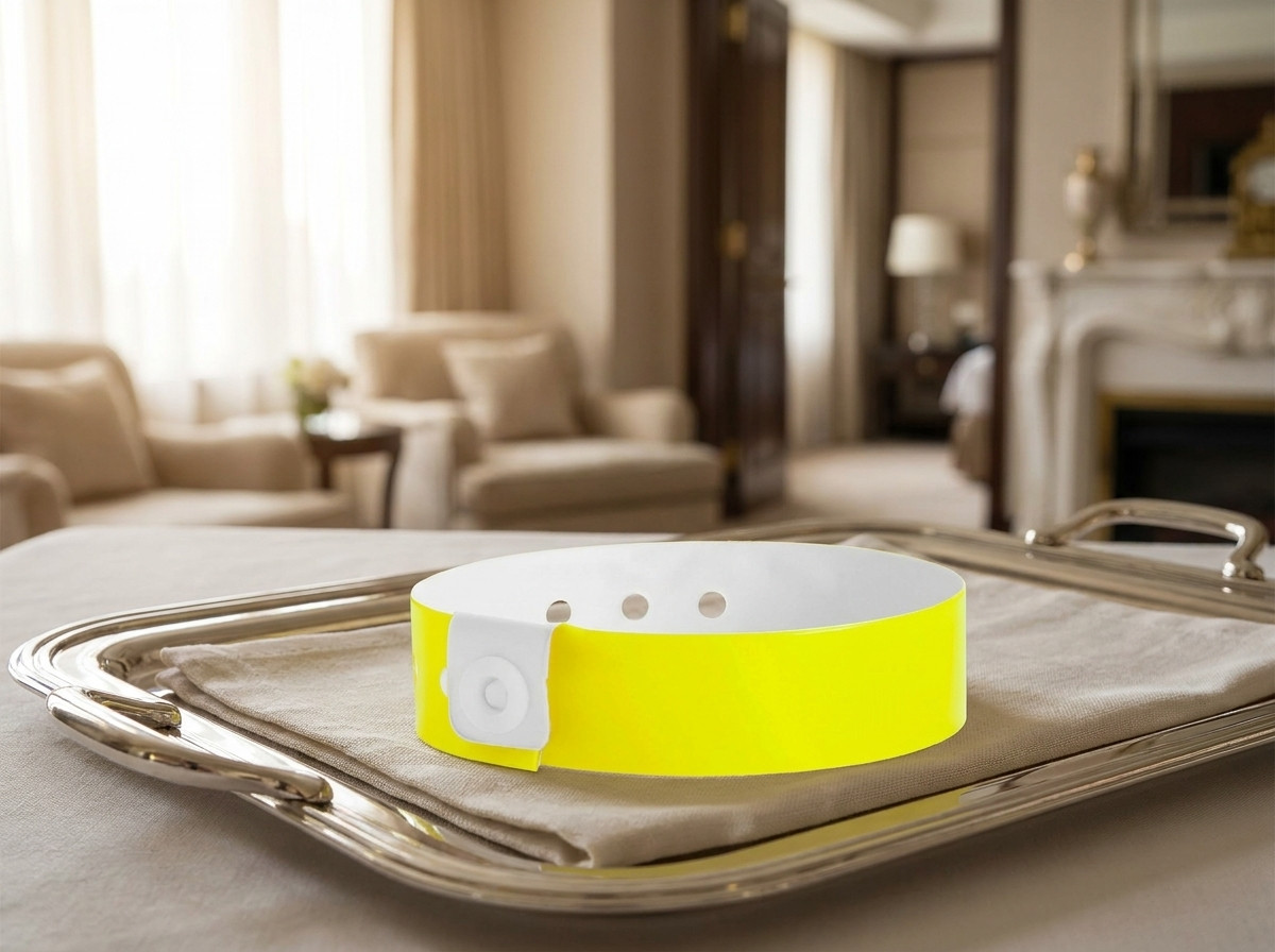 Personalisiertes VIP-Armband für Hotelsuiten-Gäste, auf einem eleganten Serviertablett platziert