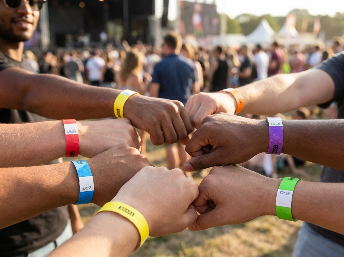 Bunte Tyvek-Armbänder zur Kennzeichnung von Besucherkategorien bei einem Open-Air-Festival
