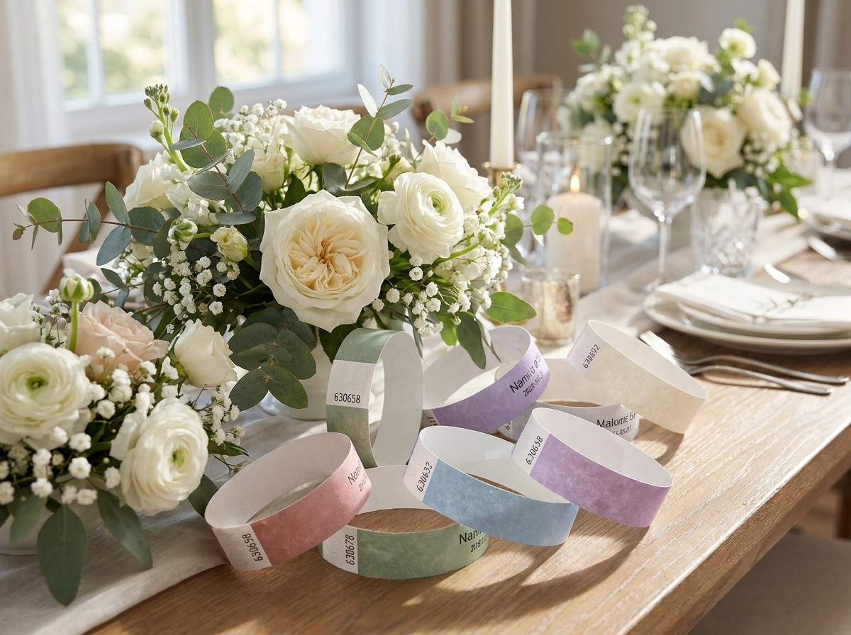 Personalisierte farbige Tyvek-Armbänder für eine Hochzeit, auf einem mit Blumen dekorierten Tisch angeordnet