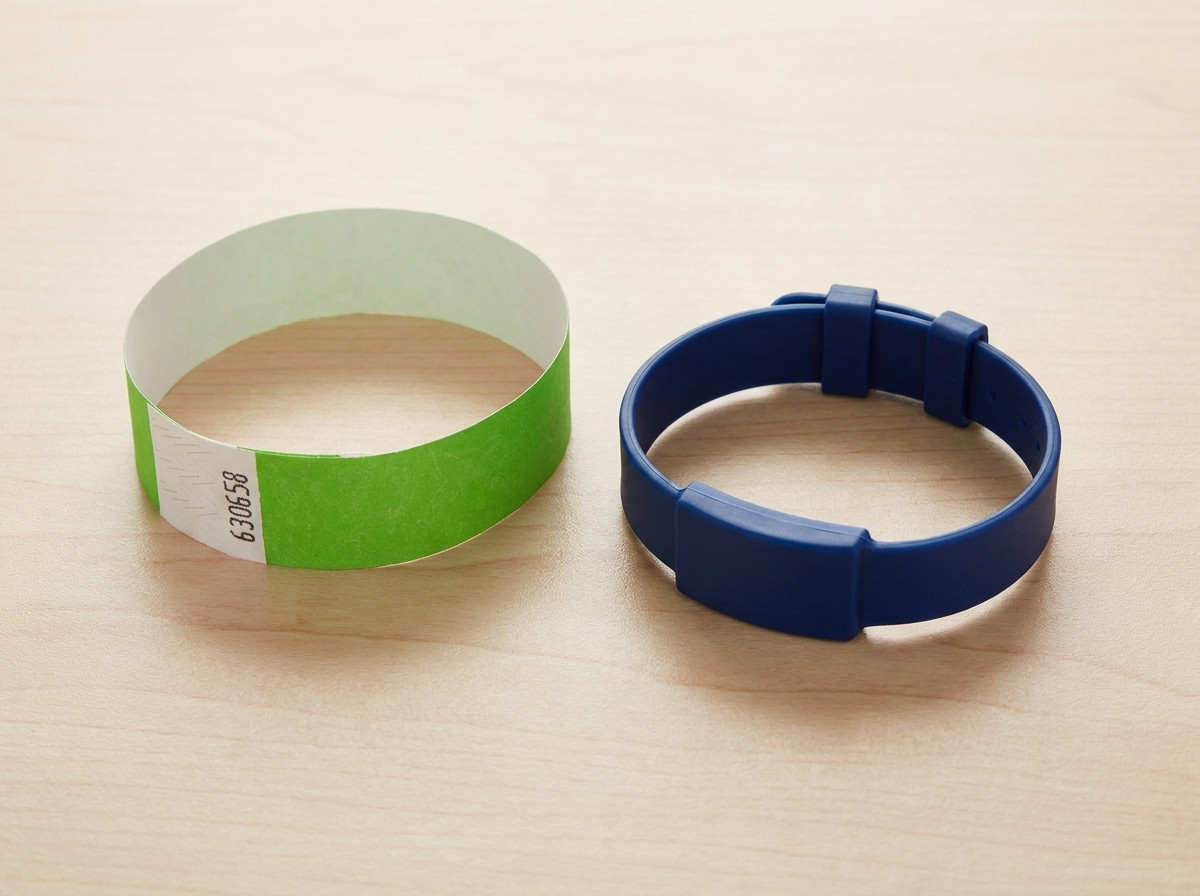 Foto, das ein wegwerfbares Tyvek-Armband und ein wiederverwendbares starres Kunststoffarmband nebeneinander auf einem Tisch zeigt