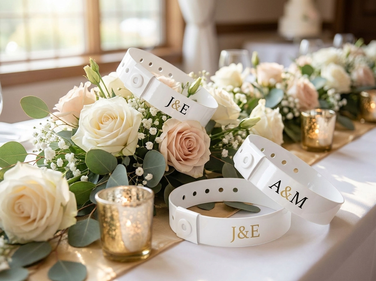 Personalisierte Hochzeits-Armbänder in Weiß mit goldenen Initialen, auf einem Blumendeko-Tisch arrangiert