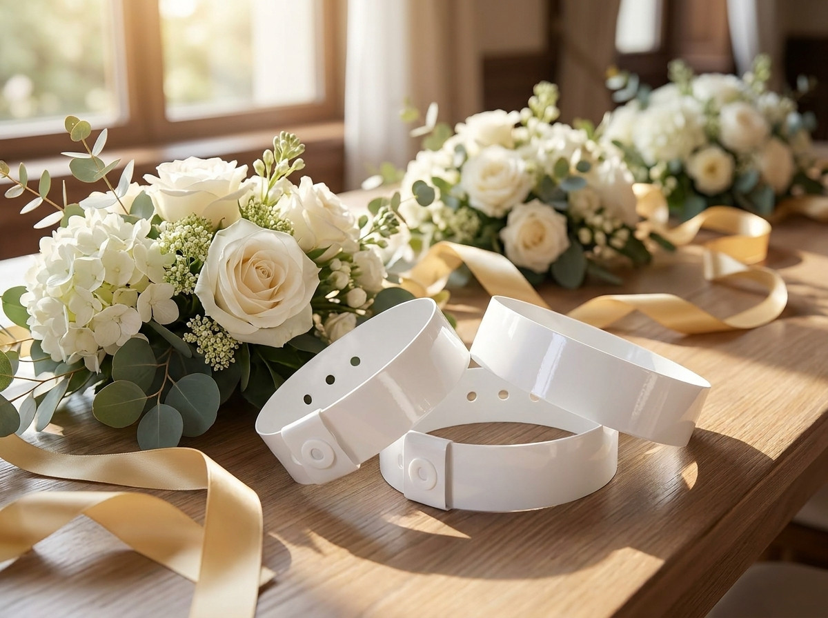 Personalisierte VIP-Hochzeitsarmbänder auf einem mit weissen Blumen und goldenen Bändern dekorierten Tisch platziert