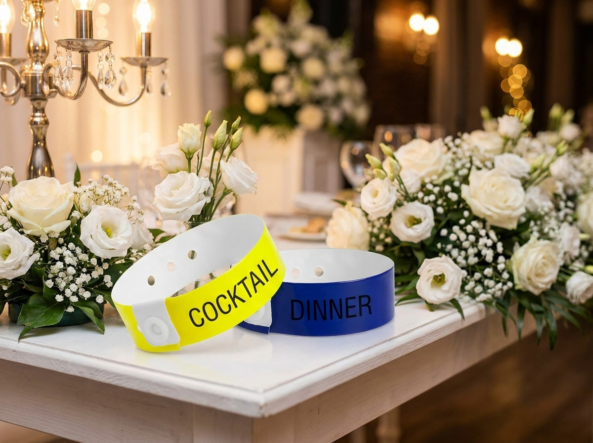 Zwei Arten von Hochzeitsarmbändern nebeneinander auf einem mit weissen Blumen dekorierten Empfangstisch, zur Unterscheidung von Cocktailempfang und Abendessen