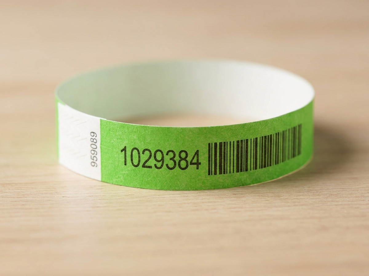 Nahaufnahme eines Tyvek-Armbands mit gedruckter Sequenznummer und Barcode, auf einem Empfangstisch einer Veranstaltung liegend