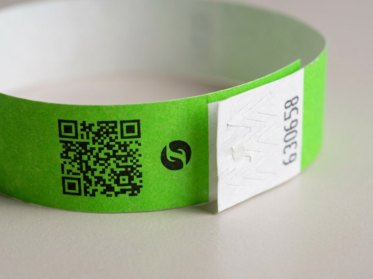 Nahaufnahme eines Identifikationsarmbands mit hochauflösend gedrucktem QR-Code und Logo