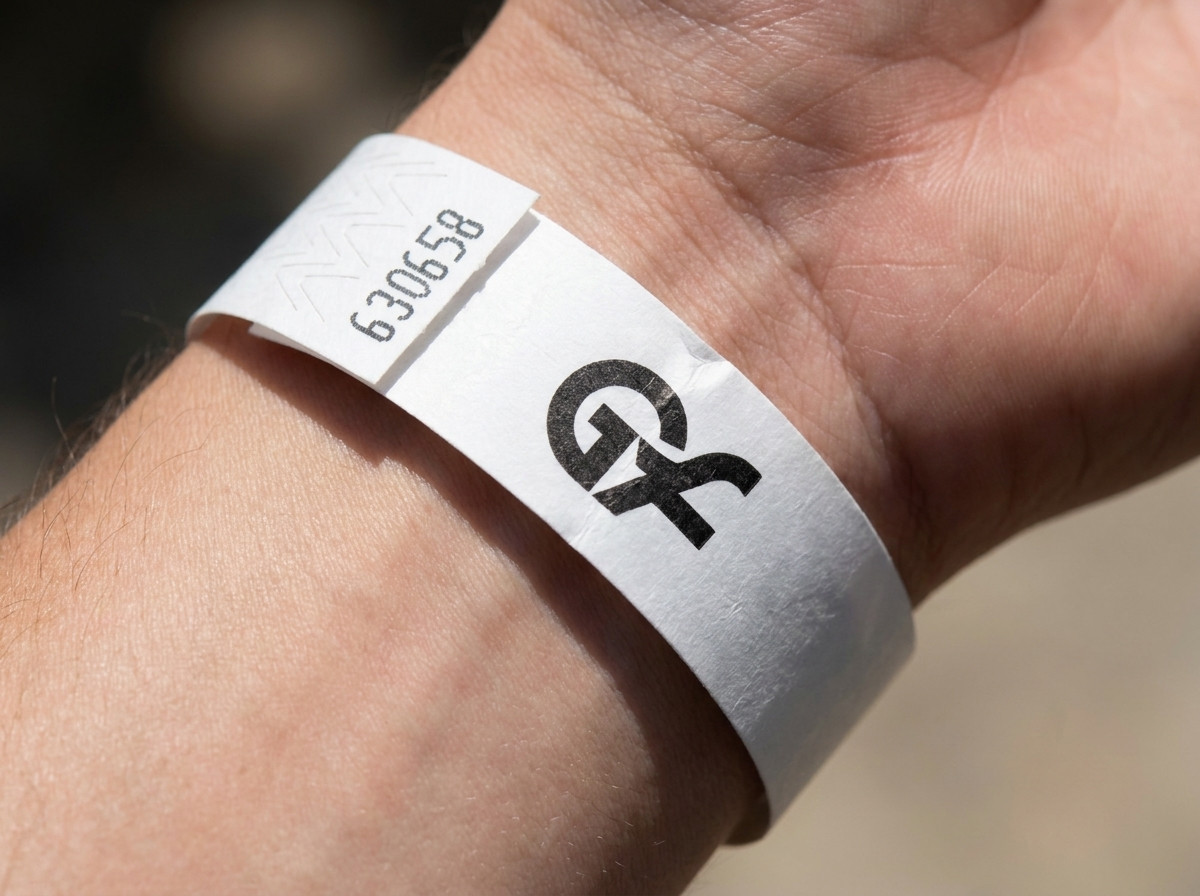 Nahaufnahme eines weißen Papierarmbands mit farbig gedrucktem Logo, am Handgelenk geschlossen
