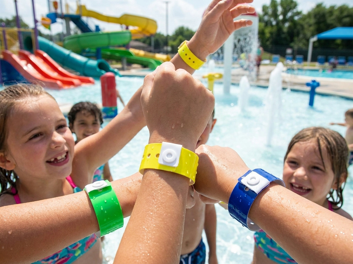 Wasserdichte farbige Vinyl-Armbänder, getragen von Kindern in einem sonnigen Wasserpark