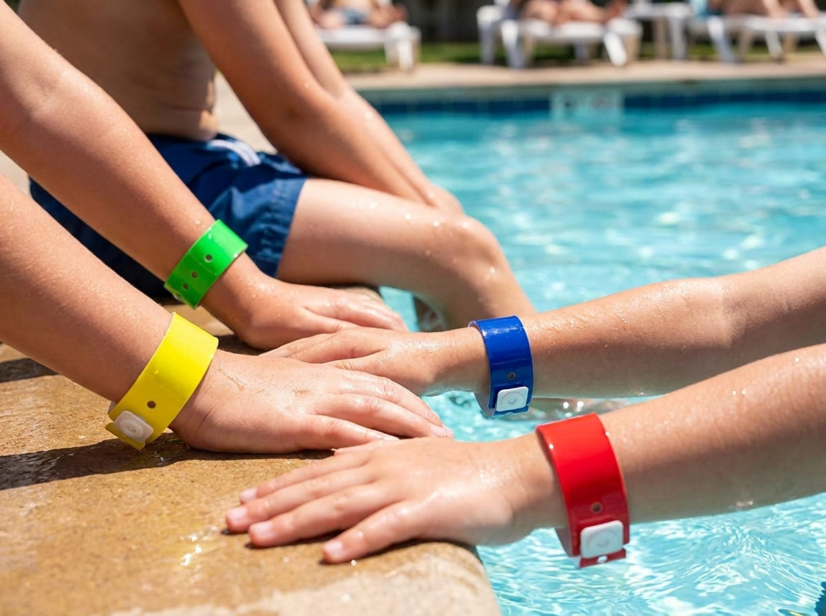 Farbige Vinyl-Armbänder in Gelb, Grün, Blau und Rot an den Handgelenken von Kindern am Rand eines Hallenbades beim Schwimmunterricht