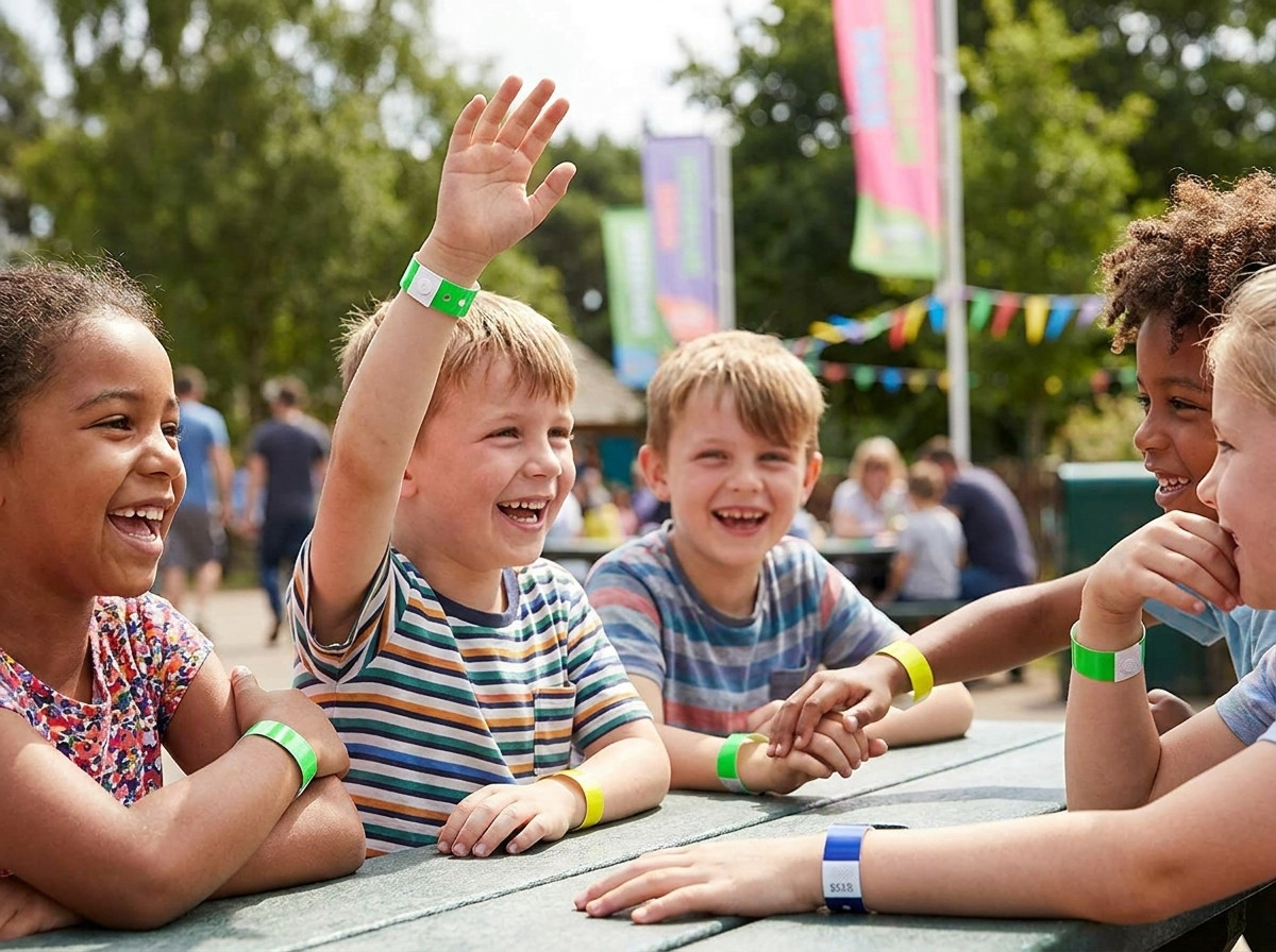 Kinder mit farbigen Vinyl-Armbändern am Eingang einer Wasserrutsche in einem grossen sonnigen Wasserpark