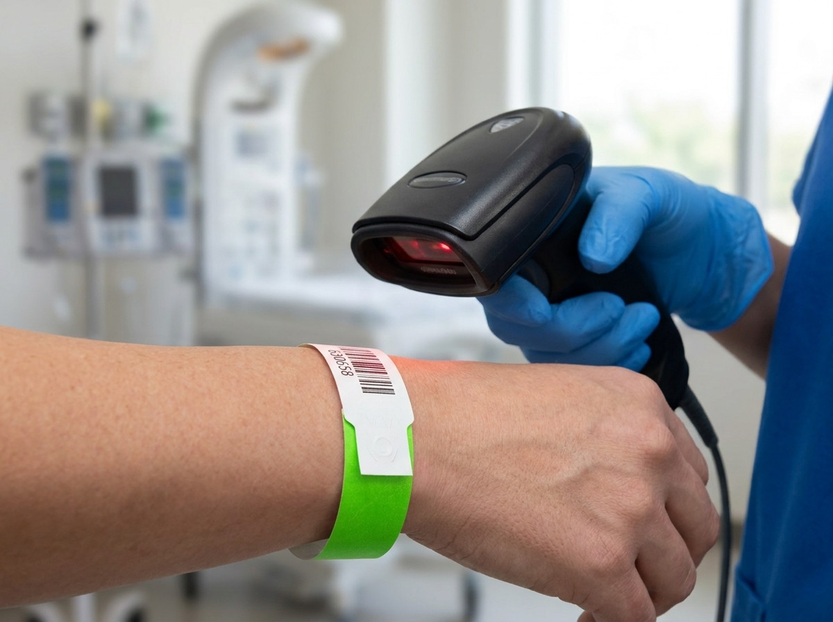 Krankenschwester scannt ein starres Kunststoffarmband am Handgelenk eines Patienten