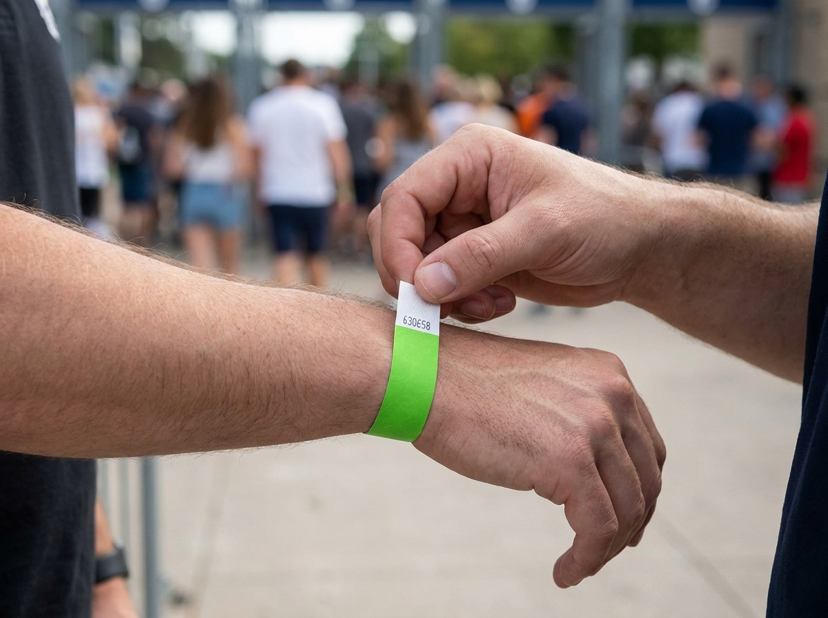 Sicherheitsmitarbeiter kontrolliert Anti-Transfer-Armbänder am Eingang eines grossen Open-Air-Festivals, Menschenmenge im Hintergrund sichtbar