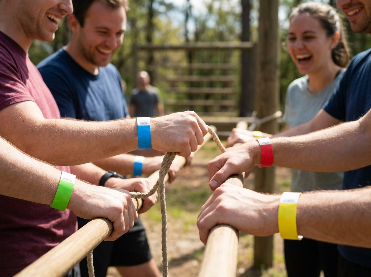 Farbige Teambuildingármbänder von Teilnehmern bei einer Outdoor-Aktivität getragen, wobei jede Farbe ein anderes Team repräsentiert