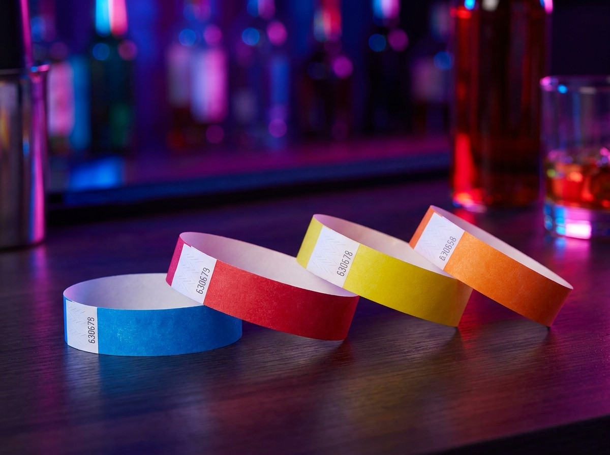 Farbige PVC-Vinyl-Armbänder für VIP-Zugang in einem Nachtclub, auf einem Bartresen mit Ambiente-Beleuchtung angeordnet