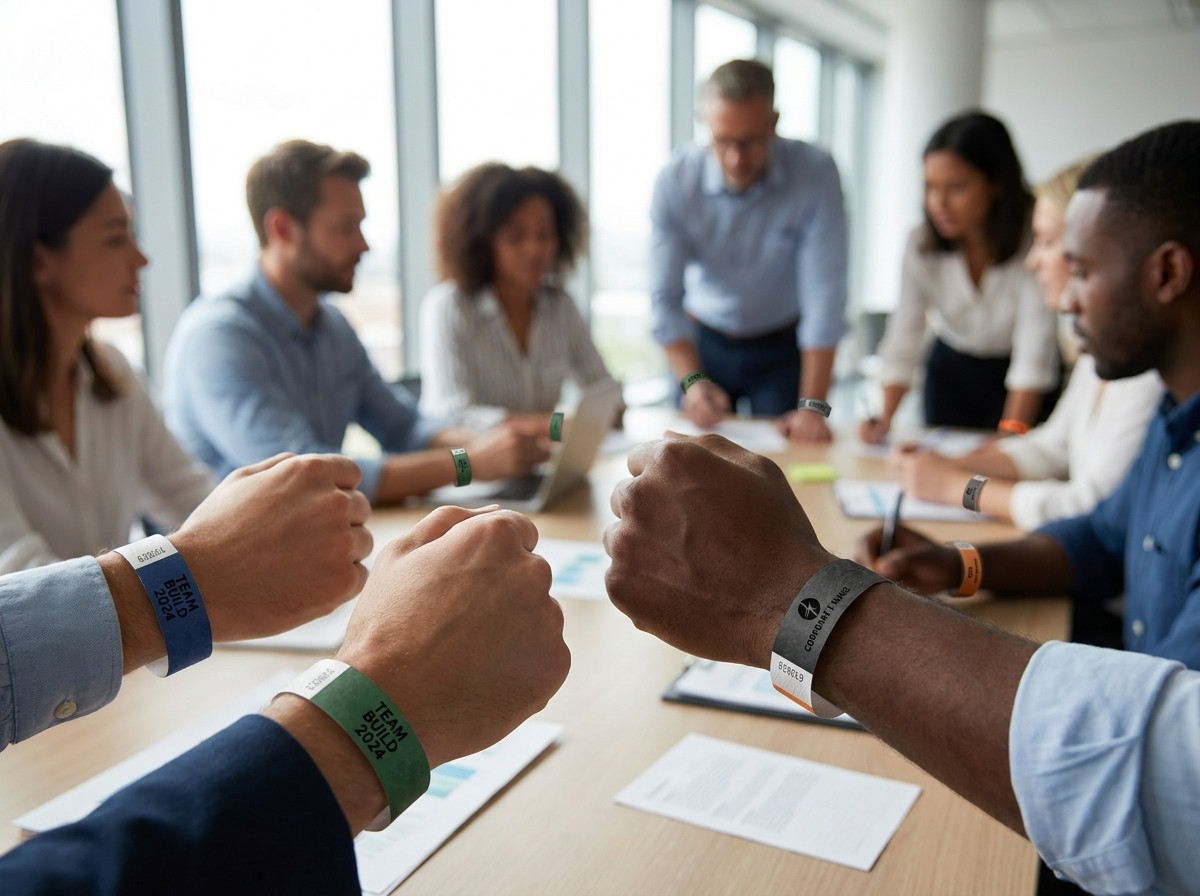 Personalisierte Identifikationsarmbänder in den Unternehmensfarben, von Teilnehmern bei einem Teambuildingármbänder-Event in Innenräumen getragen