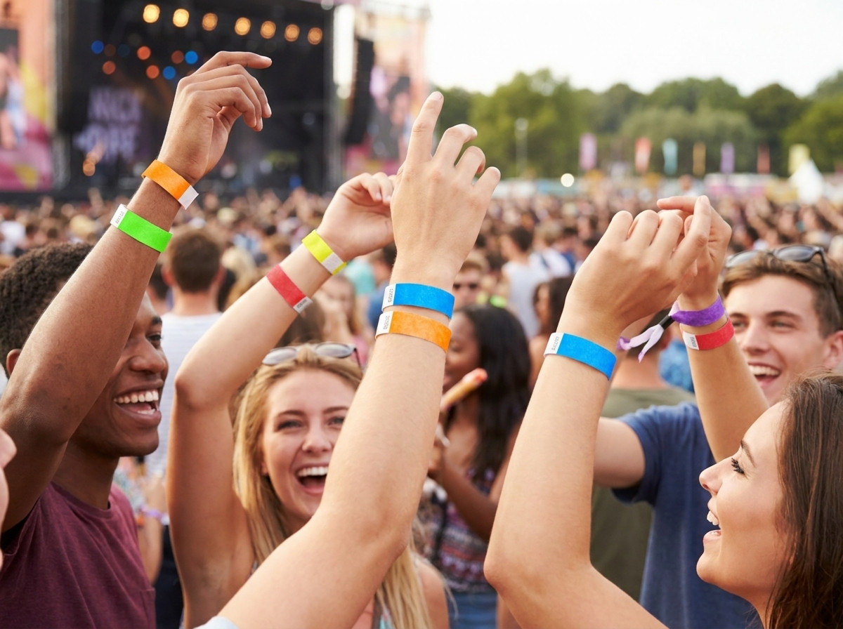 Bunte Tyvek-Armbänder, getragen von Festivalbesuchern bei einem Open-Air-Konzert, die ihre Strapazierfaehigkeit und ihren Tragekomfort veranschaulichen