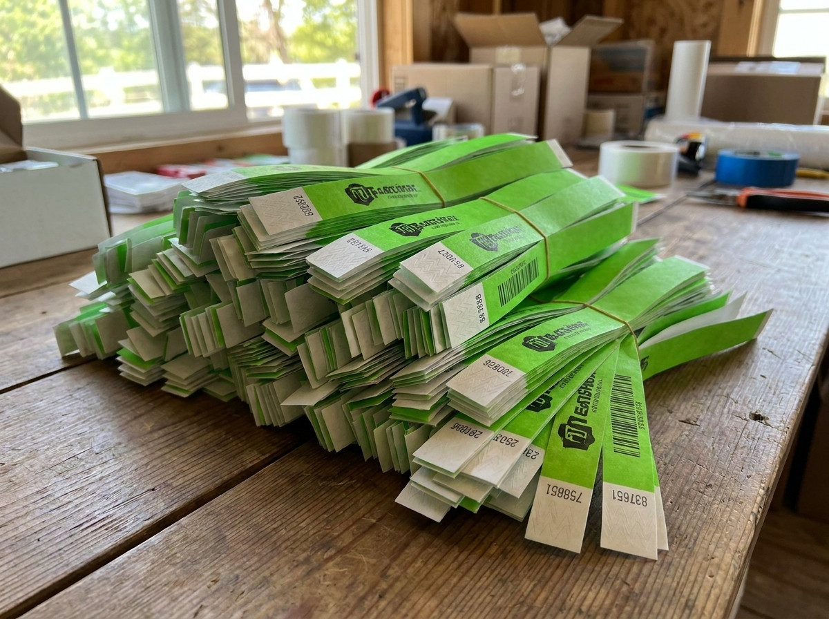 Personalisierte Tyvek-Armbänder mit Logo und Barcode, in Großcharge für ein großes Festival vorbereitet, zeigen die Vielfalt der Druckoptionen