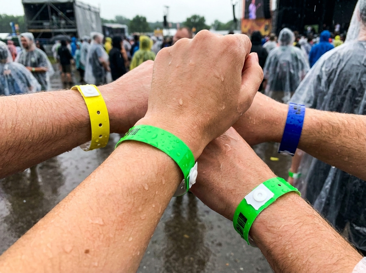 Bunte Vinyl-PVC-Armbänder am Handgelenk getragen während eines mehrtägigen Festivals im Regen