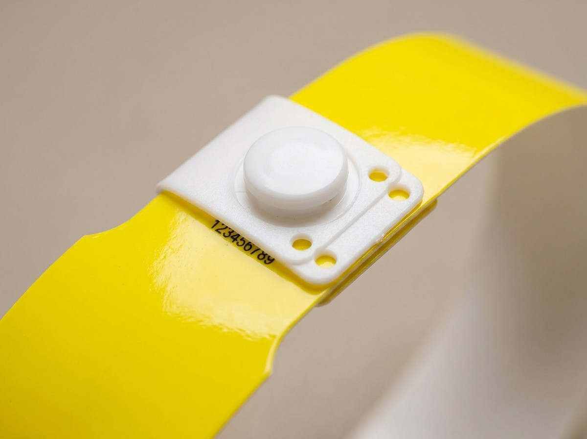 Nahaufnahme eines Kunststoffarmbands mit Schnappverschluss aus einem festen und strapazierfähigen Material